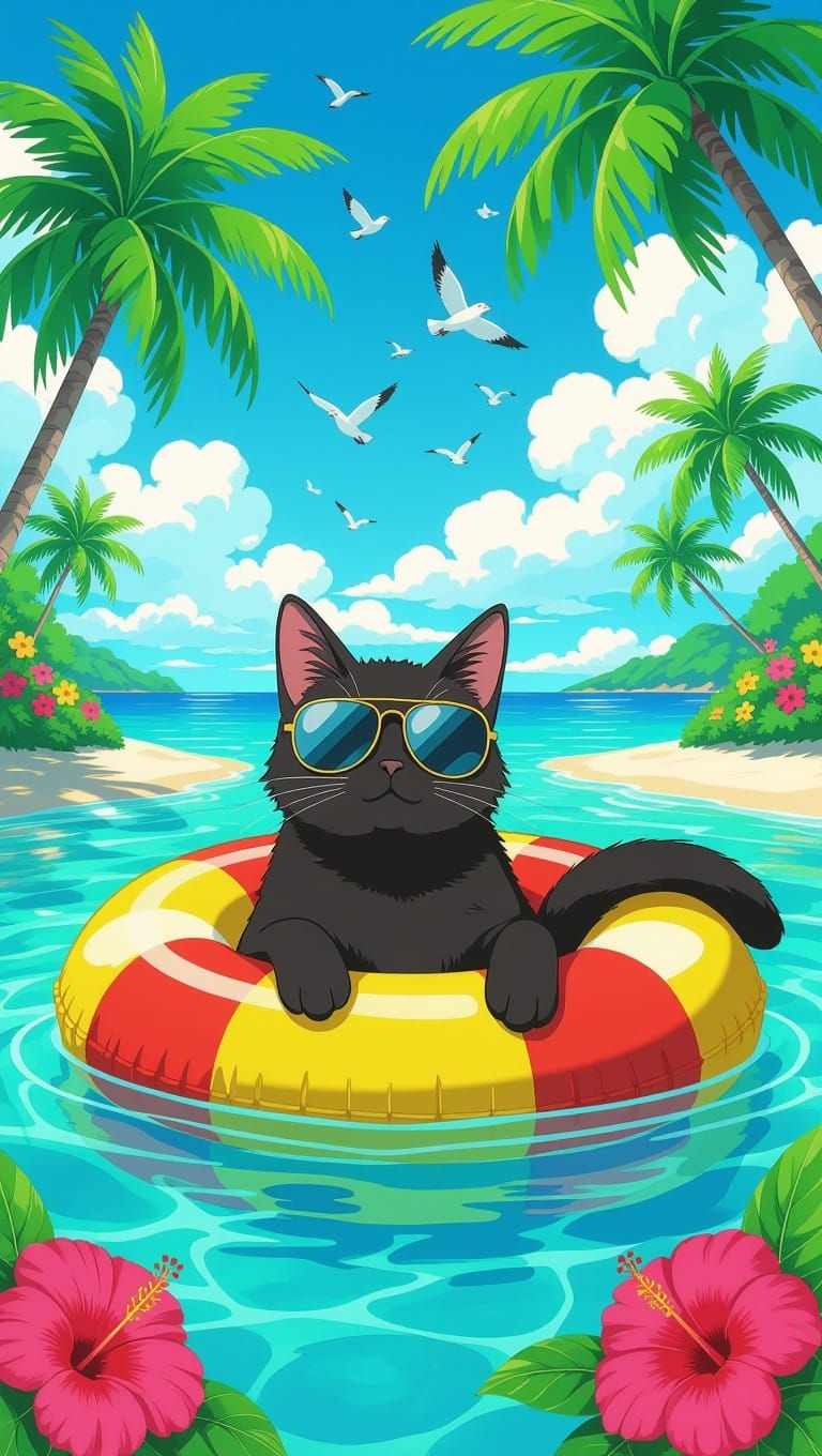 Relaxed Cat in Tropical Paradise, Anime Style