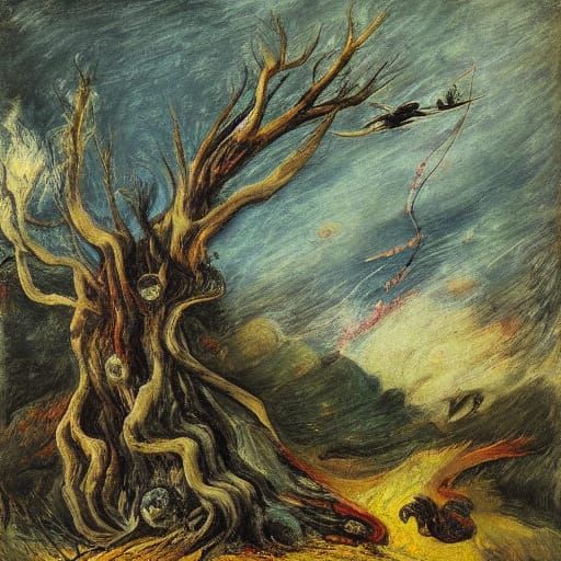 Surreal Cliffside Scene with Hare, Snake, Sparrow