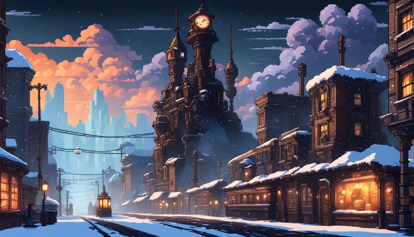 Winter Steampunk City in 8-Bit Pixel Art