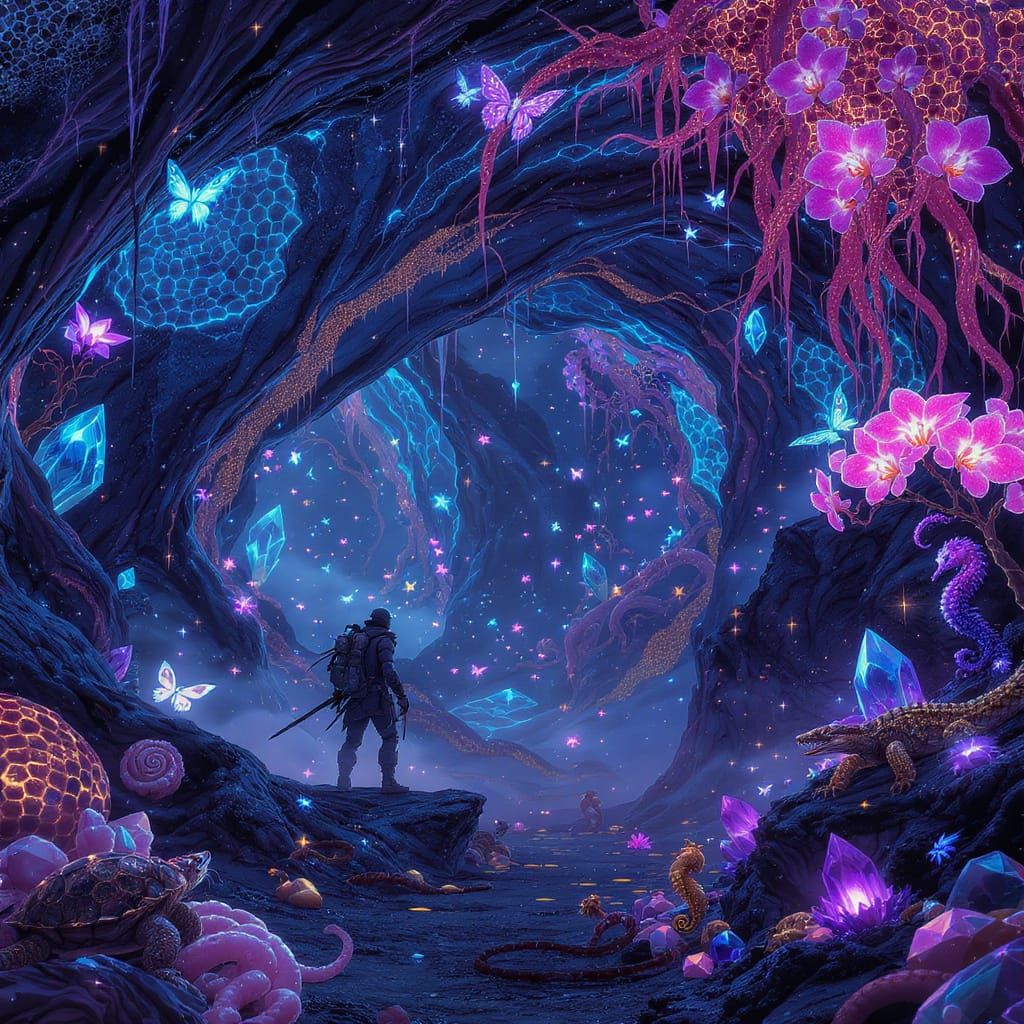 Adventurer in Bioluminescent Crystal Cavern with Fantasy Cre...