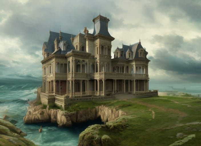 Haunted Victorian Mansion on Stormy Cliff: Ethereal Painting