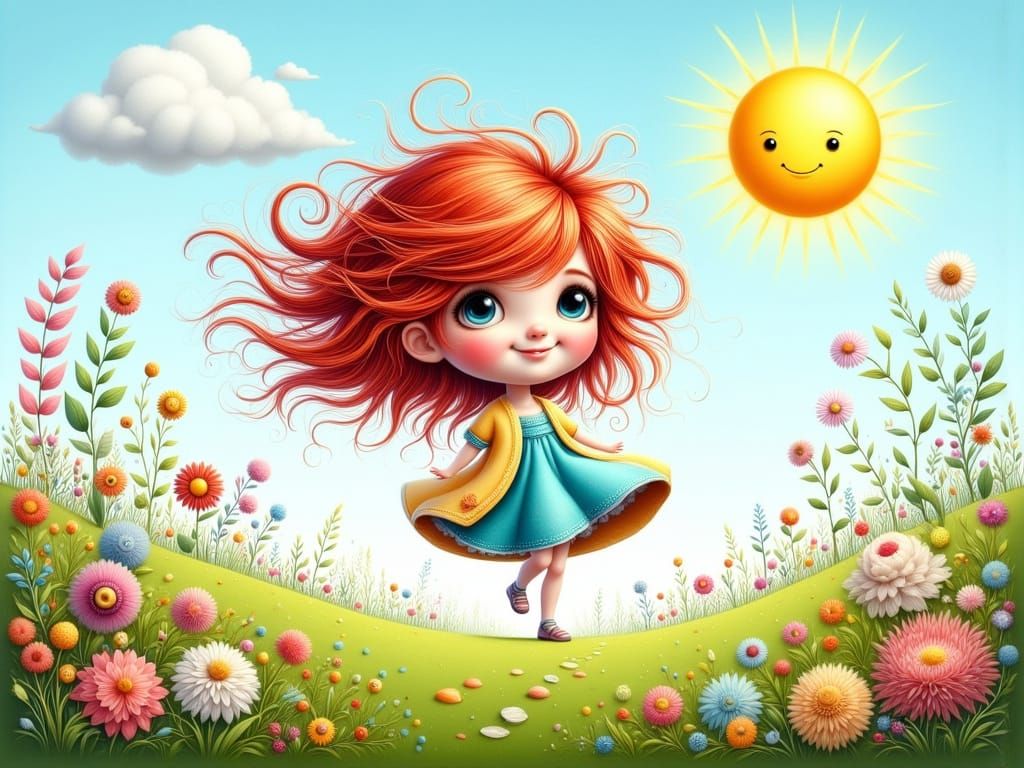 Cute Girl and Dog Play in Sunny Meadow