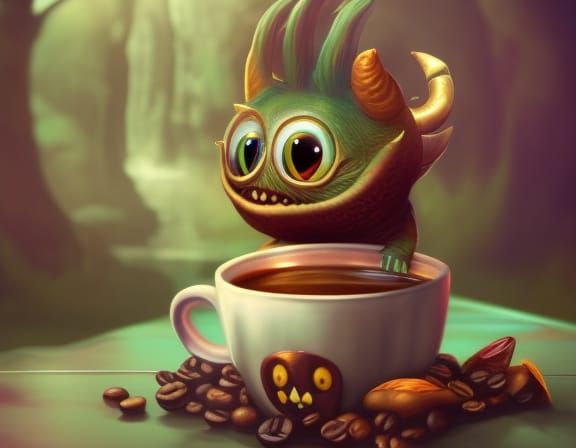 Cute Monster Enjoying Coffee: Fantasy Art