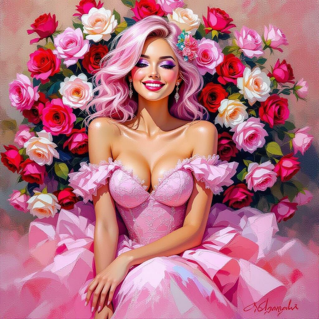 Woman Smiling Amidst Pink Roses in Neo-Impressionist Style