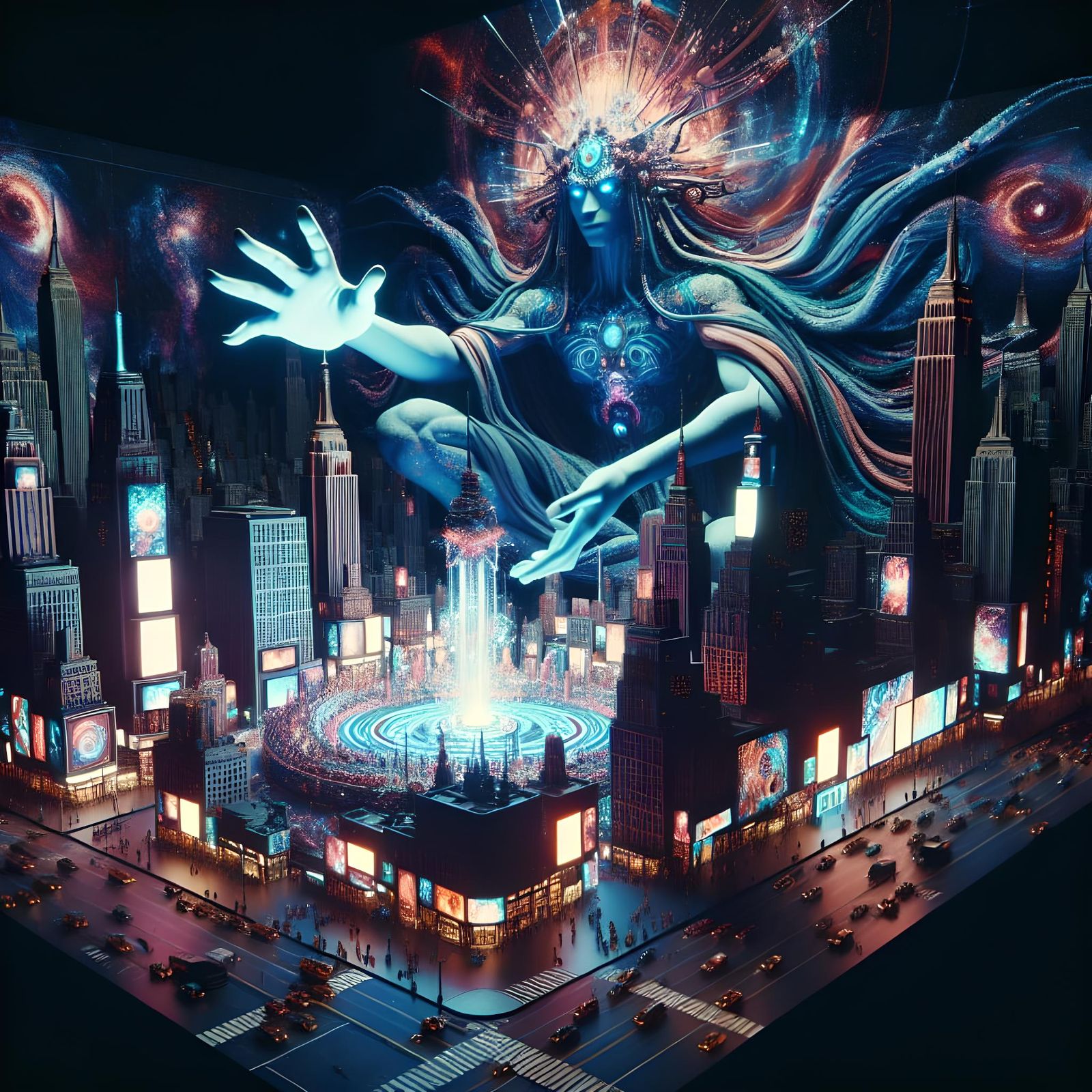 Cosmic Deity Manipulates Times Square Diorama
