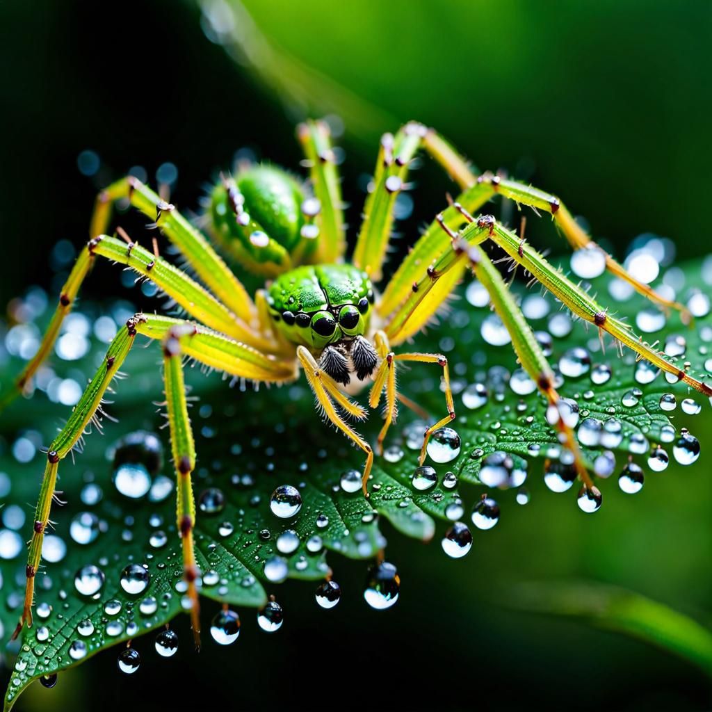 Green Lynx Spider with Sparkling Water Drops