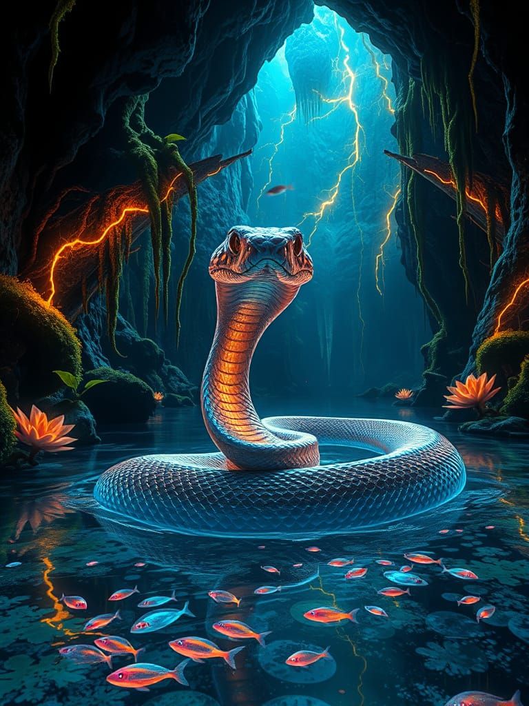 Neon Water Moccasin in Bioluminescent Cave