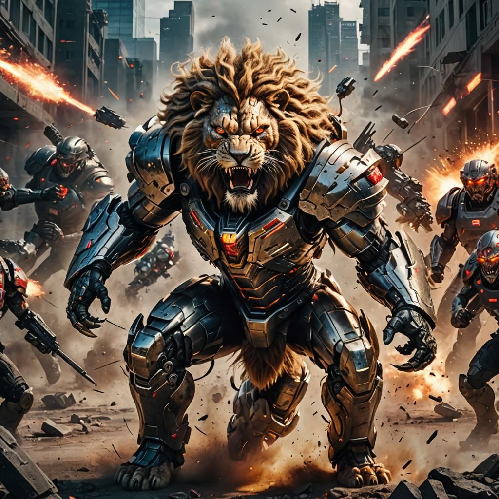 Cyborg Lion Roaring in Futuristic Warzone