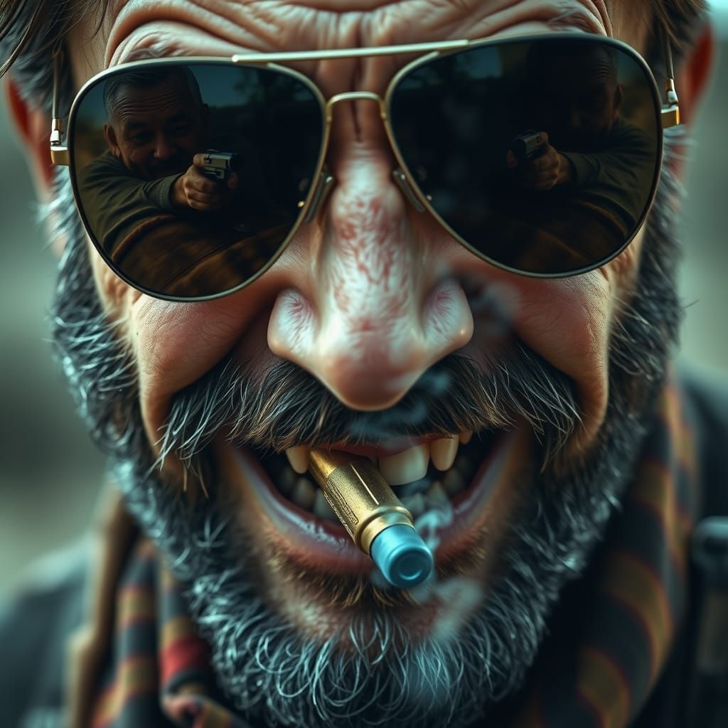 Grizzled Man Catches Bullet in Teeth, Cinematic 8k