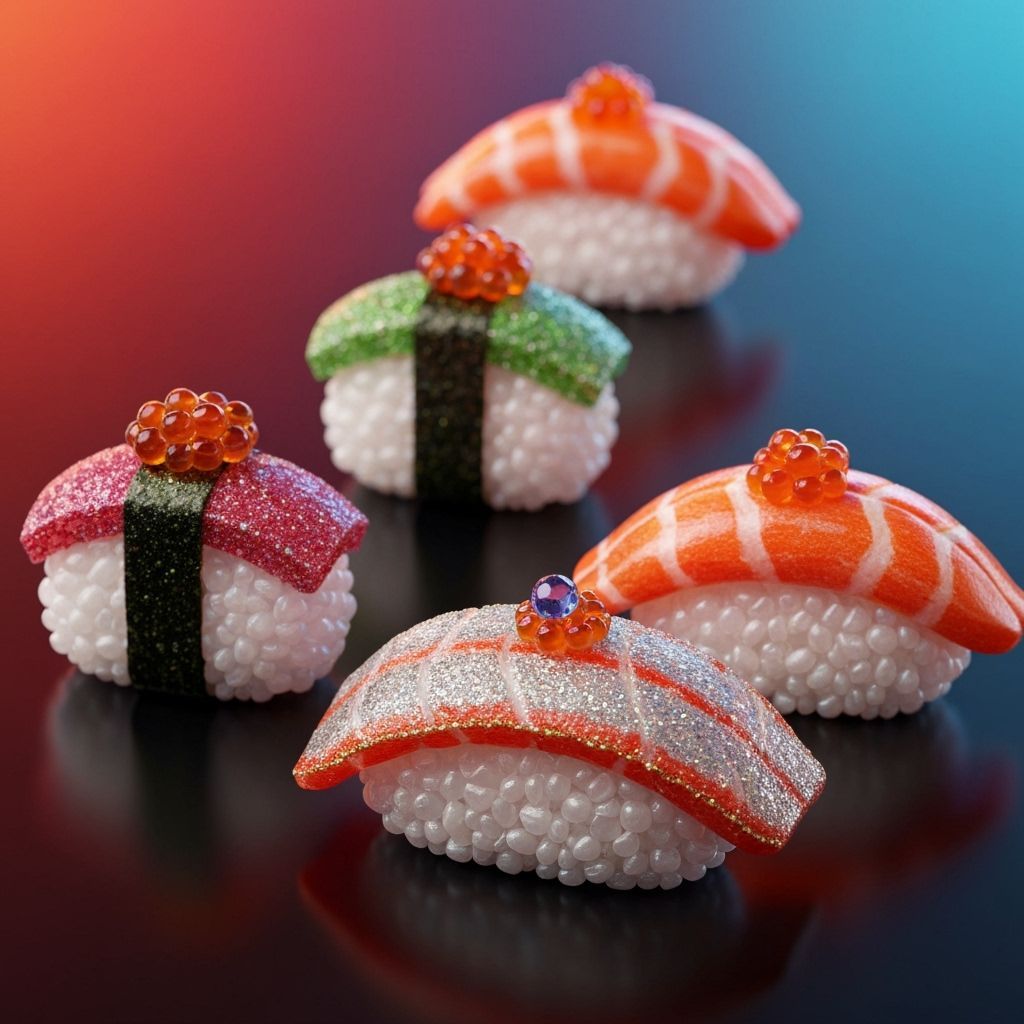 Exquisite Gemstone and Glass Sushi: Hyperrealistic Detail