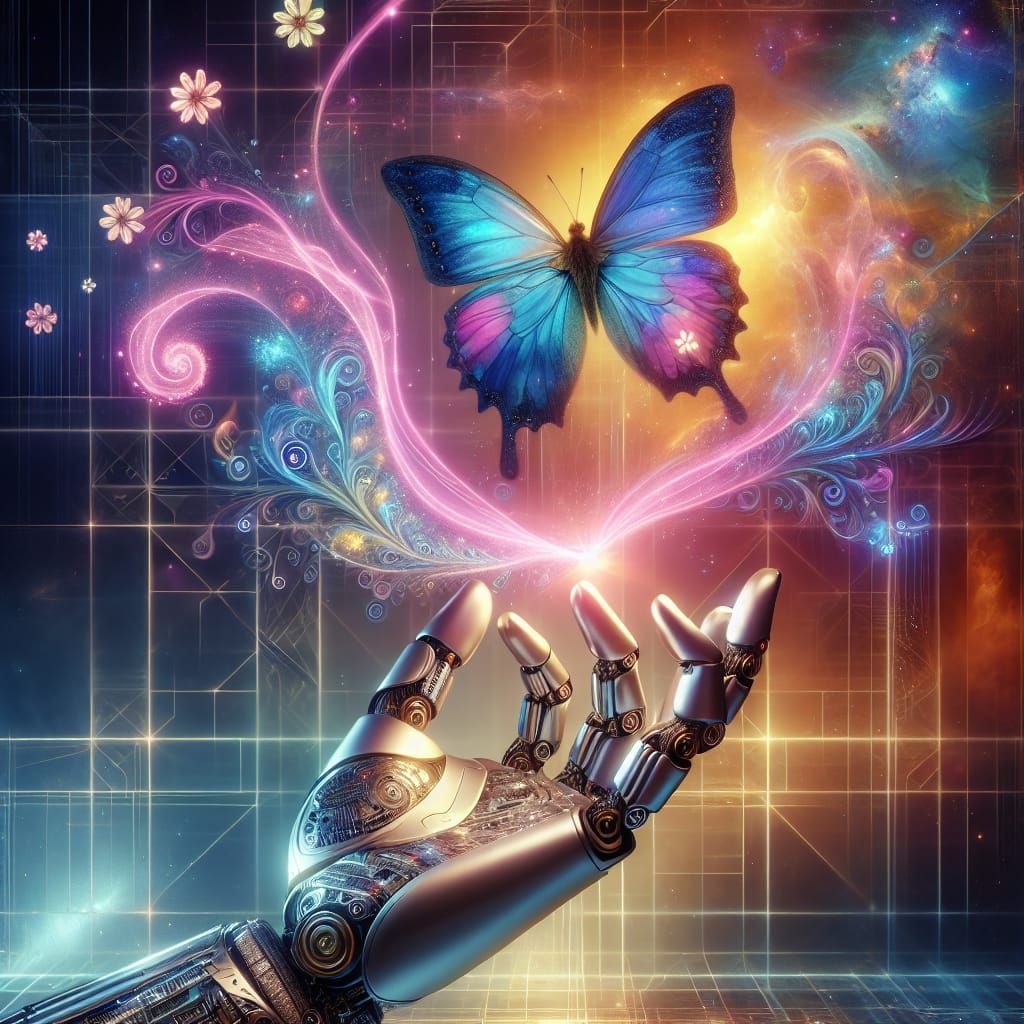 Cyberpunk Hand Holds Butterfly in Cosmic Scene