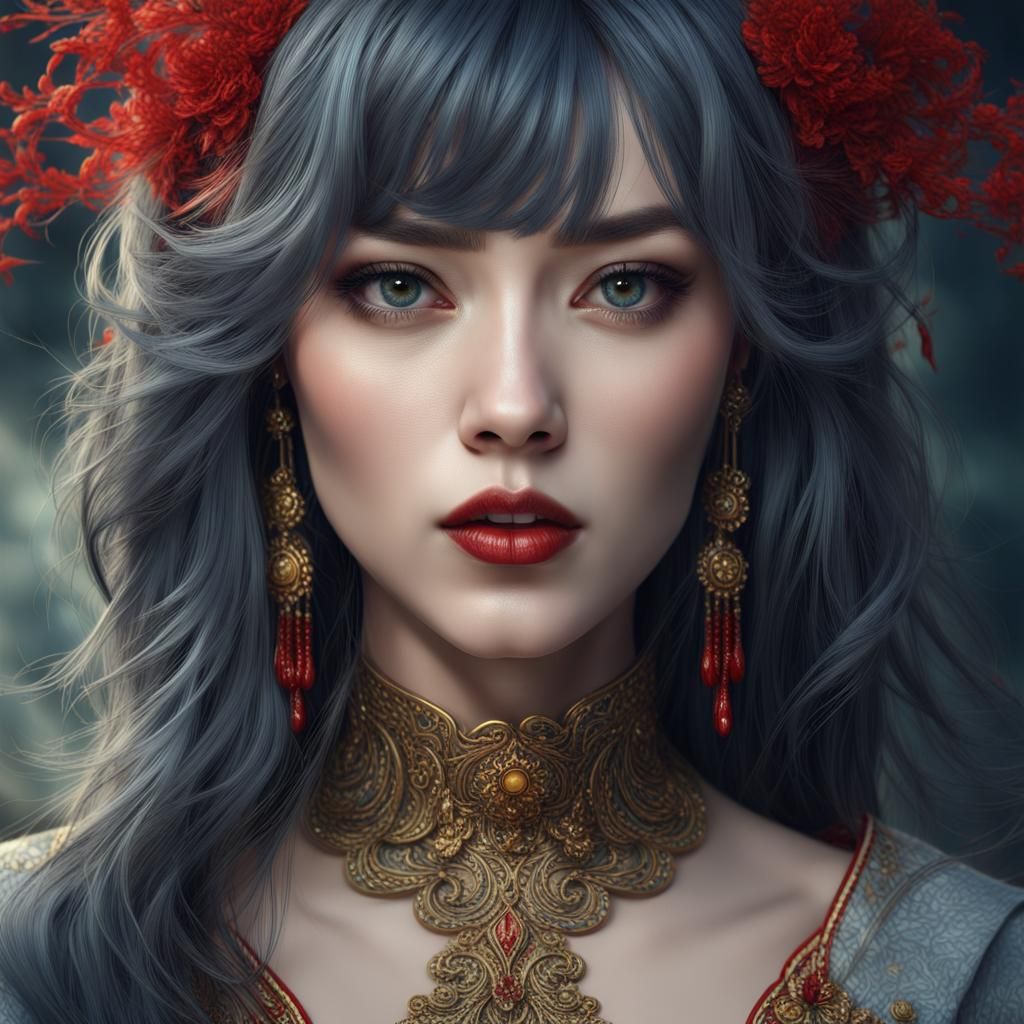 East Asian Woman with Heterochromia in Detailed Matte Painti...