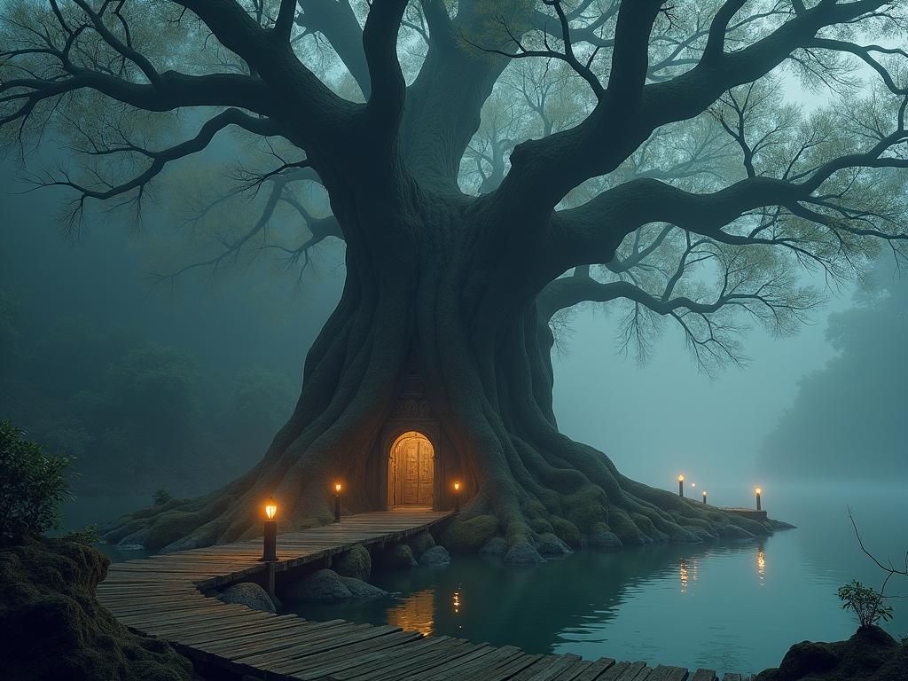 Dark Fantasy Port City Built into Giant Tree