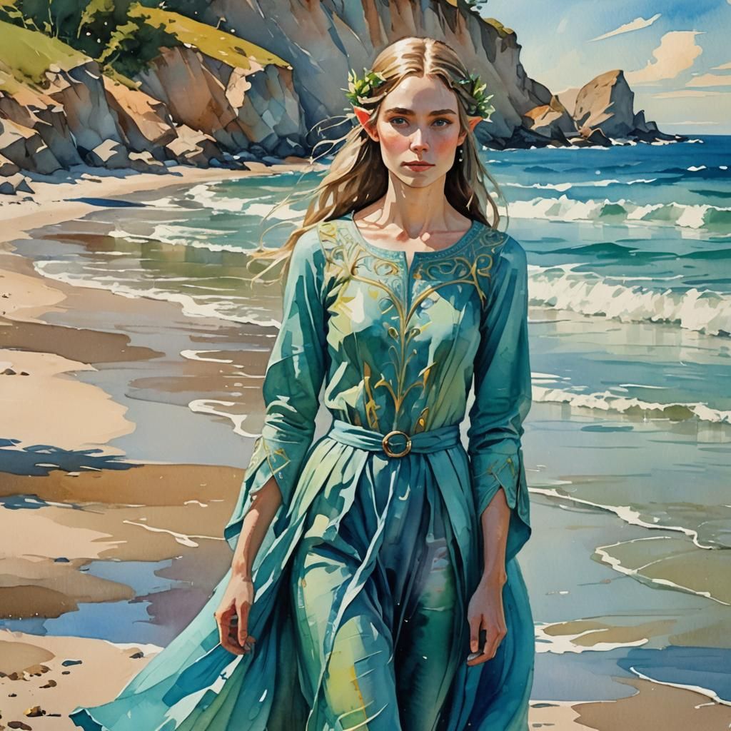 Elven Portrait on Beach in Gouache Watercolor Style