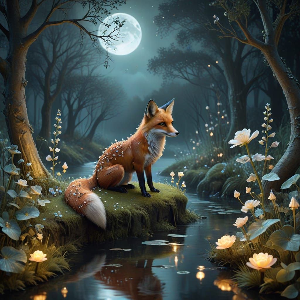 Whimsical Fox with Glass Flowers in Moonlit Forest