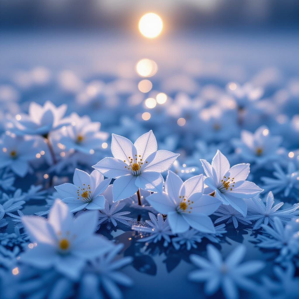 Ethereal Frost Flowers on Frozen Moonlit Lake