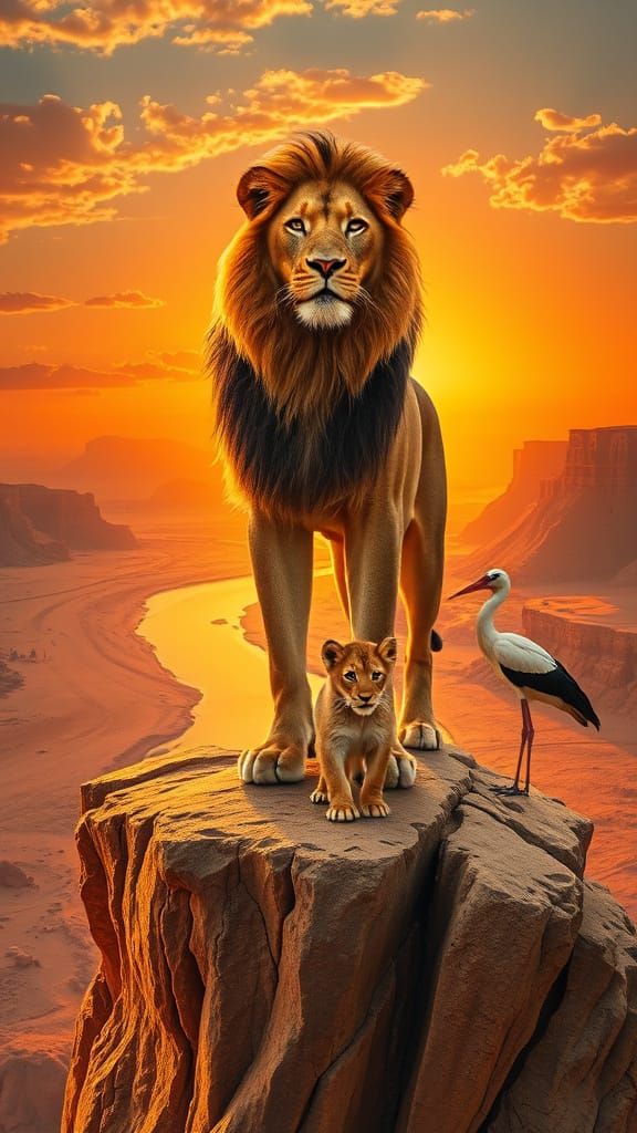 Regal Lion Father Guards Tiny Cub in Majestic Sunset Landsca...