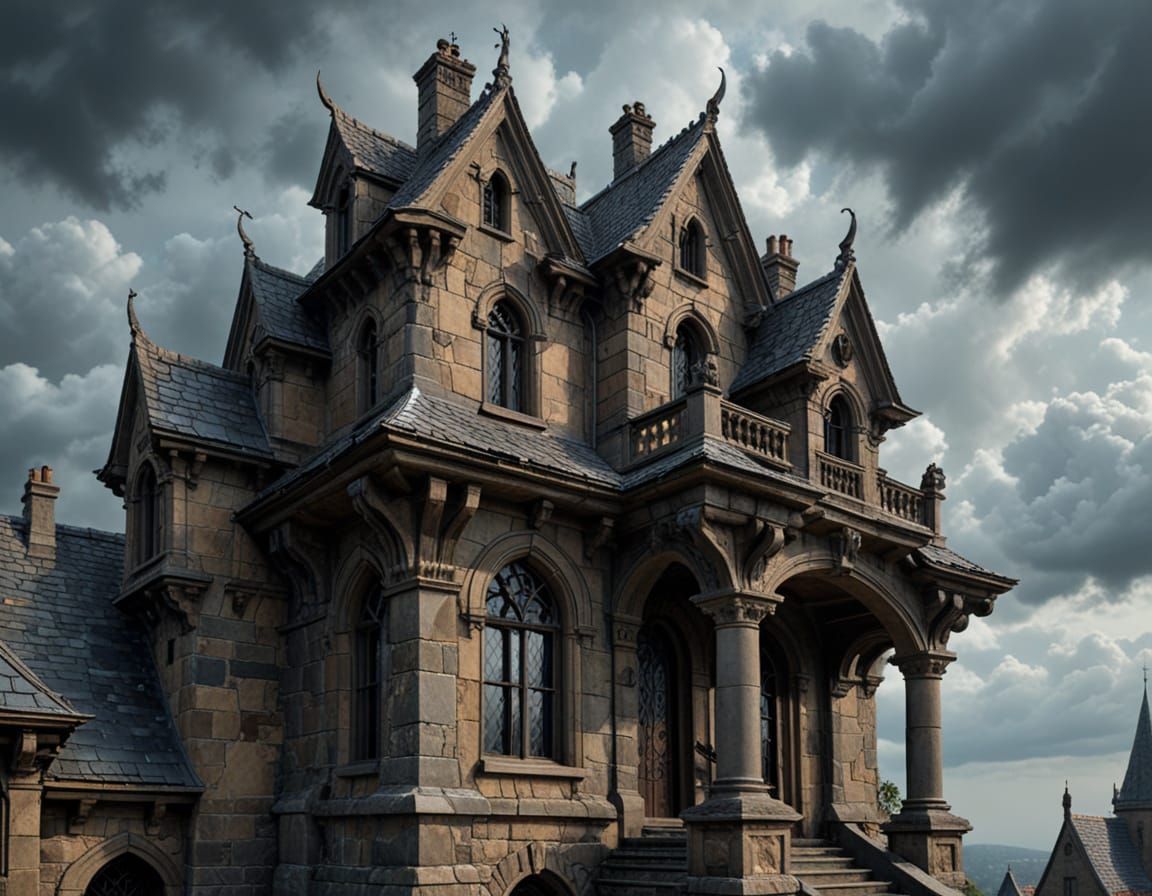 Gothic Manor on Hill in Moody Digital Painting Style