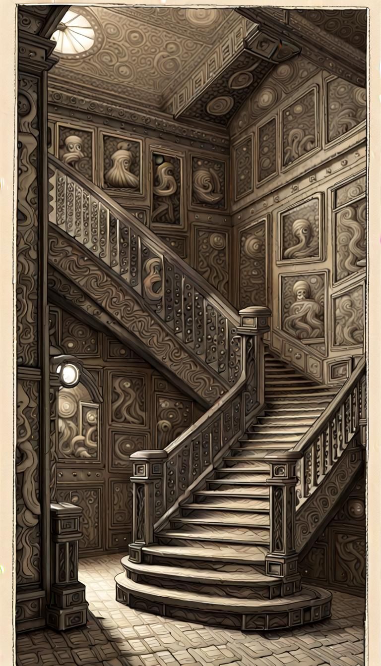 Escher's Stairs: Geiger-Inspired Lithograph of Cosmic Horror
