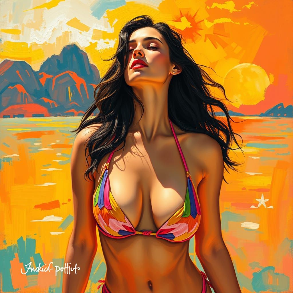 Surreal Woman in Bikini with Abstract Expressionist Colors