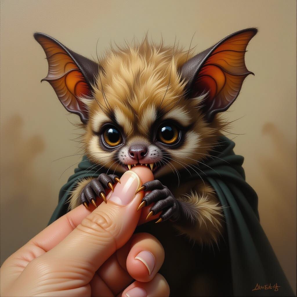 Dark Fantasy Bat Creature Painting with Expressive Eyes