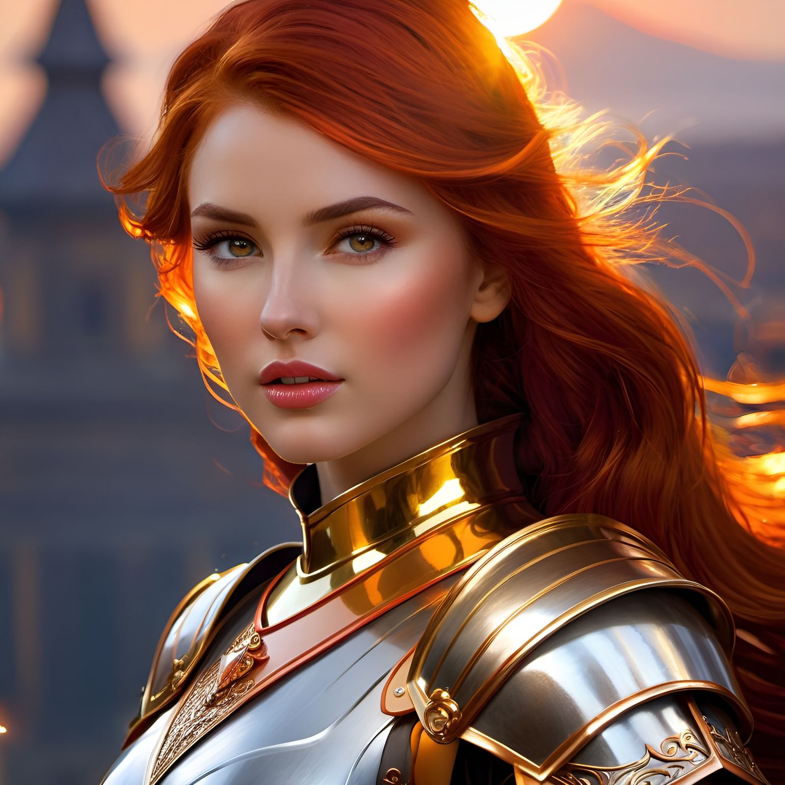 Elegant Knight Woman in Sunset Armor