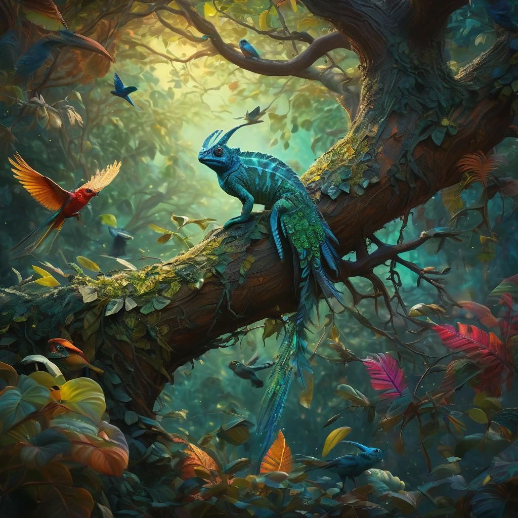 Lush Tree with Birds and Chameleon in Matte Painting
