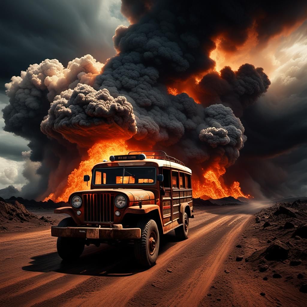 Jeepney Fleeing Pyroclastic Clouds in Cinematic Style