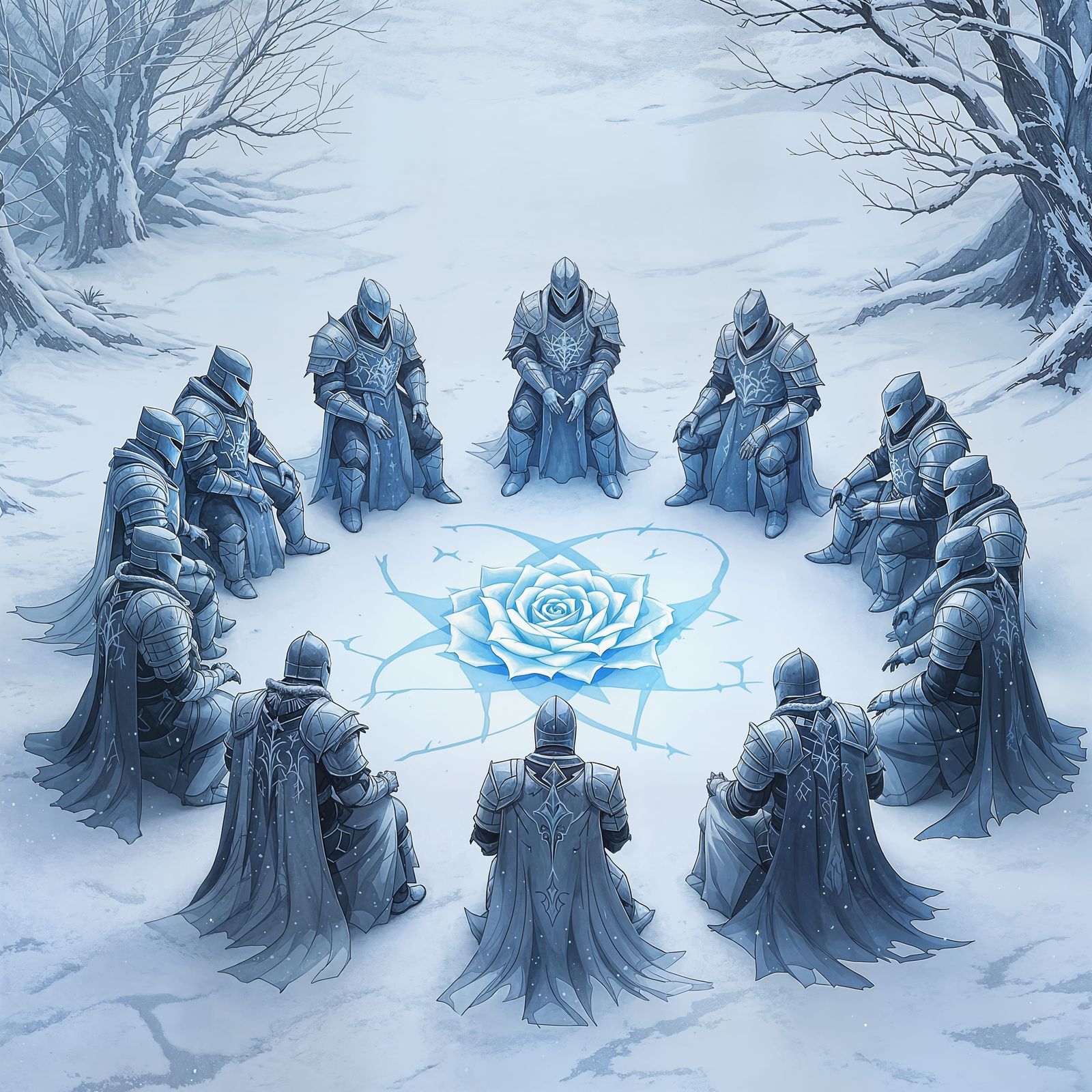 Knights in Frosty Armor Gather for a Winter Ritual in a Glow...