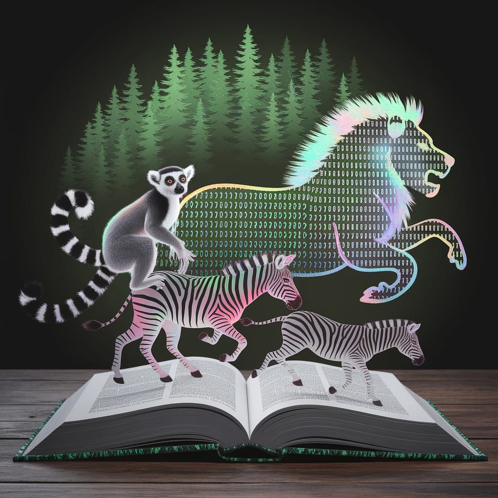 Iridescent Binary Code Art: Lemur, Zebra, Lion & Book