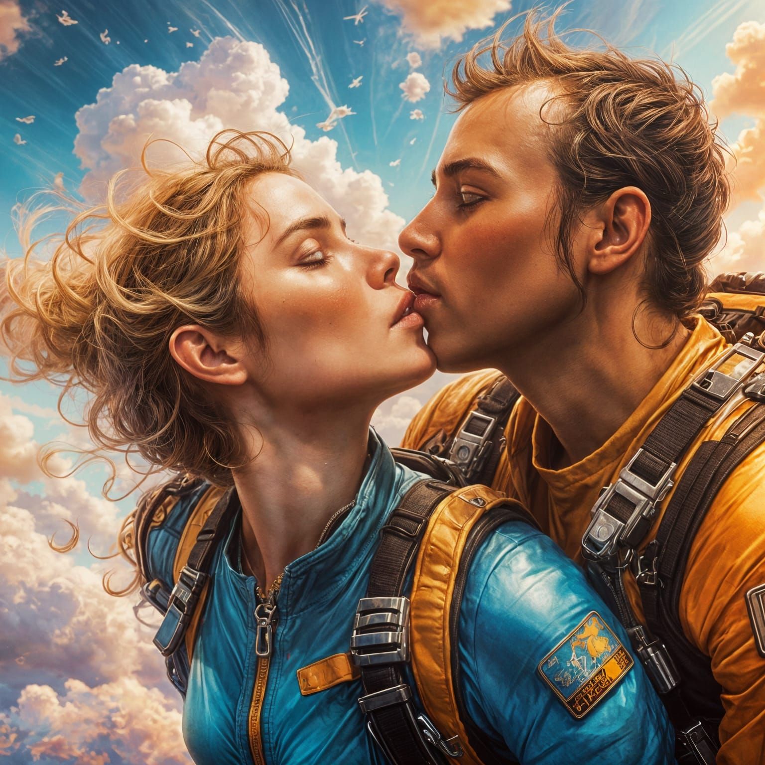 Skydiving Kiss Portrait in Hyperdetailed Style