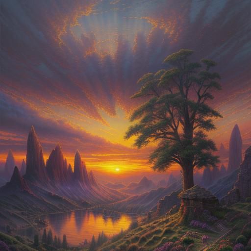 Prehistoric Sunset: Ethereal Fantasy Scene