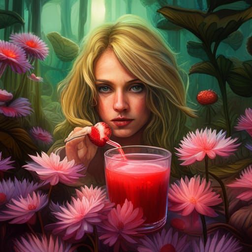 Cute Strawberry Creature in Magical Garden