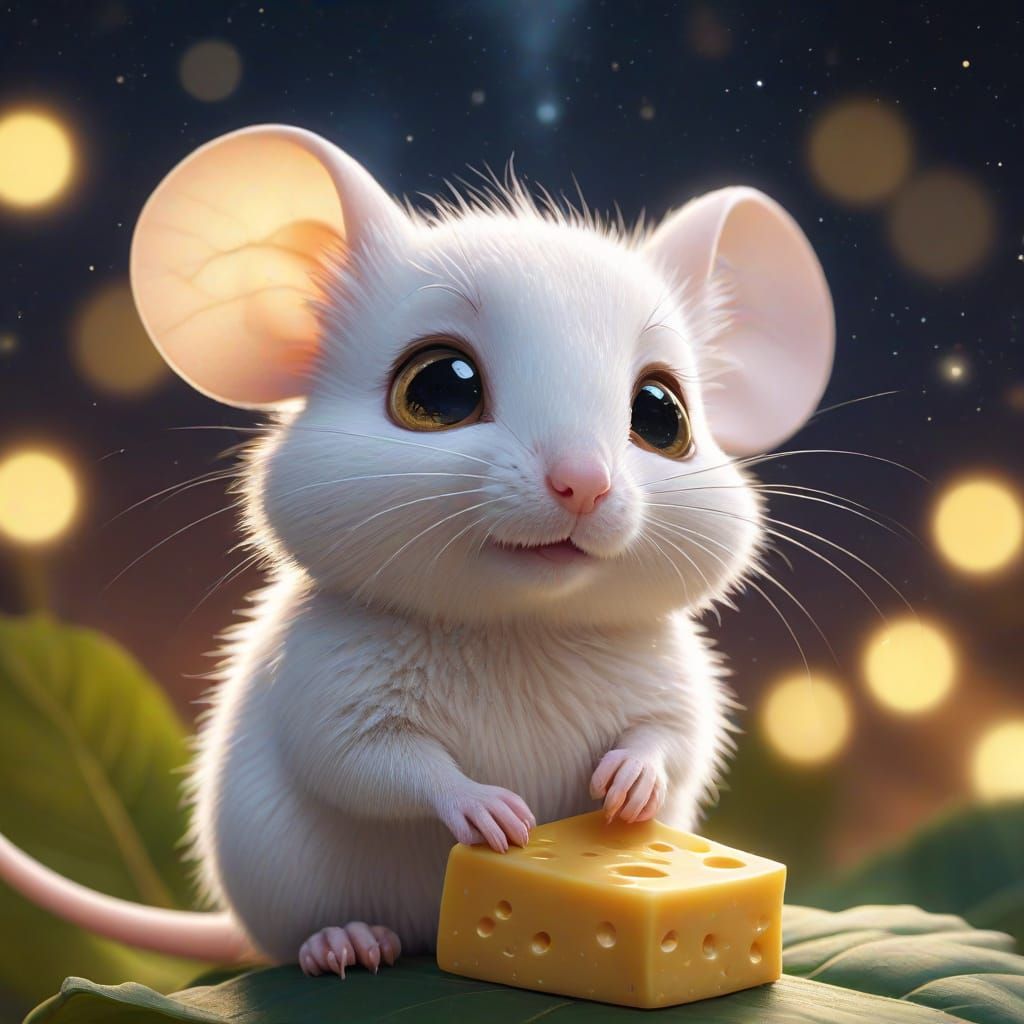 Cute Mouse with Cheese Under Starry Night Sky