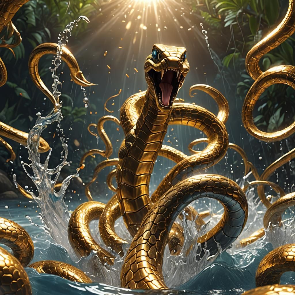 Glittering Cobra Leaps From Water: 3D Render