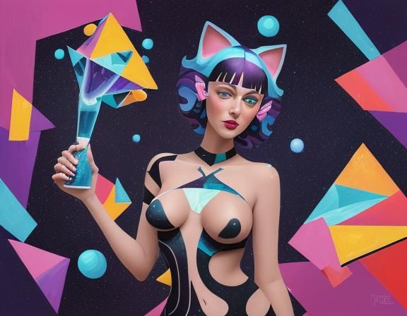 Damaged Galaxy with Woman and Cat in Cubist Style