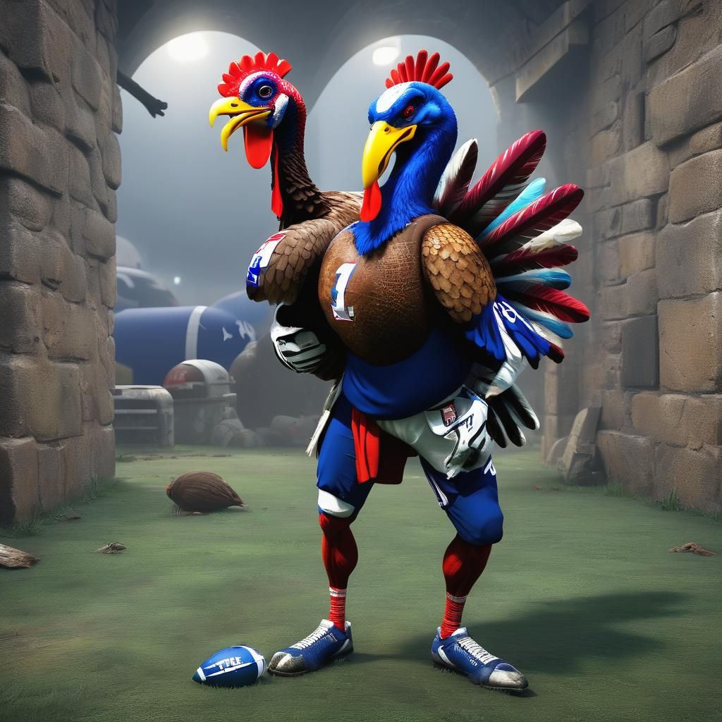 A turkey with nfl jersey half a cowboys and half a giants jersey, 4k resolution maximalist, Unreal Engine meticulous...