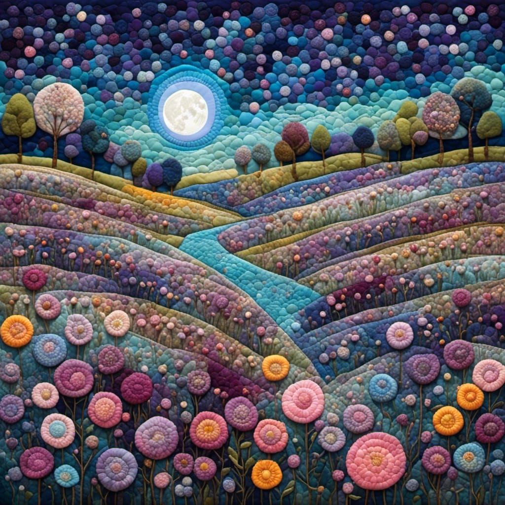 Purple Wildflower Field Under Full Moon