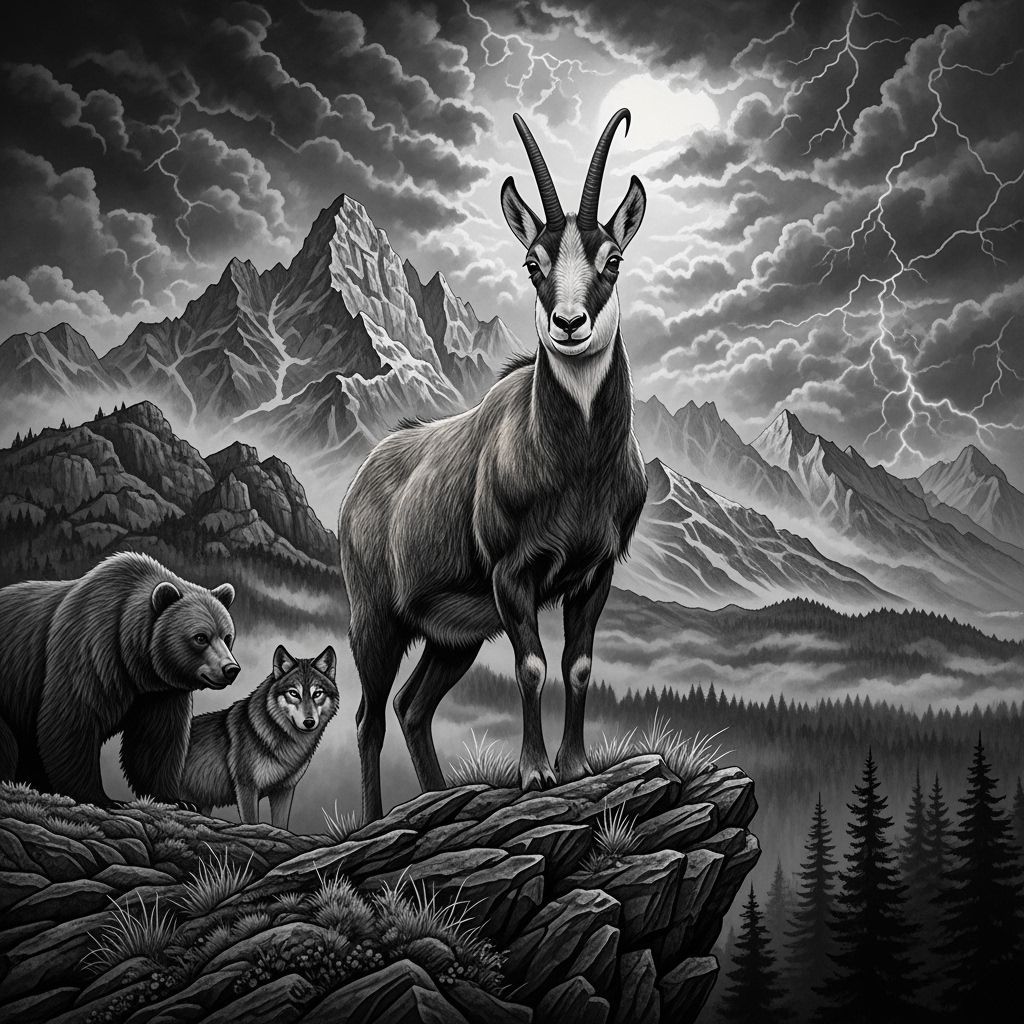 Majestic Mountain Wildlife Tattoo Design in Black and Gray