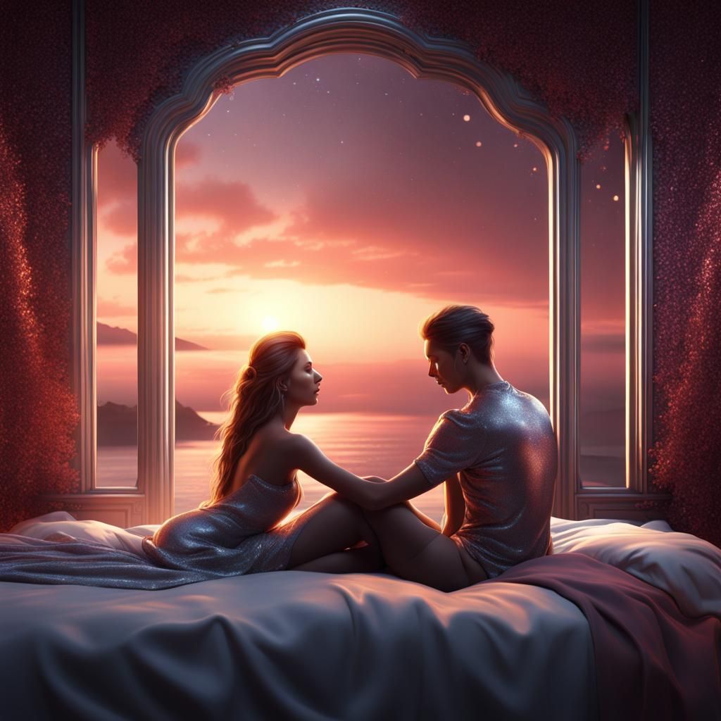 Couple in Glittering Room at Sunset: Fantasy Art