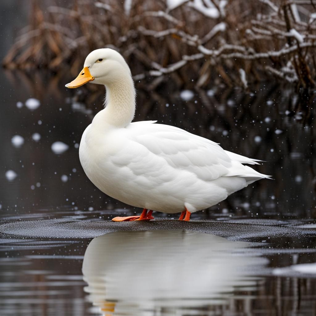 White Duck Shivering in a Blizzard