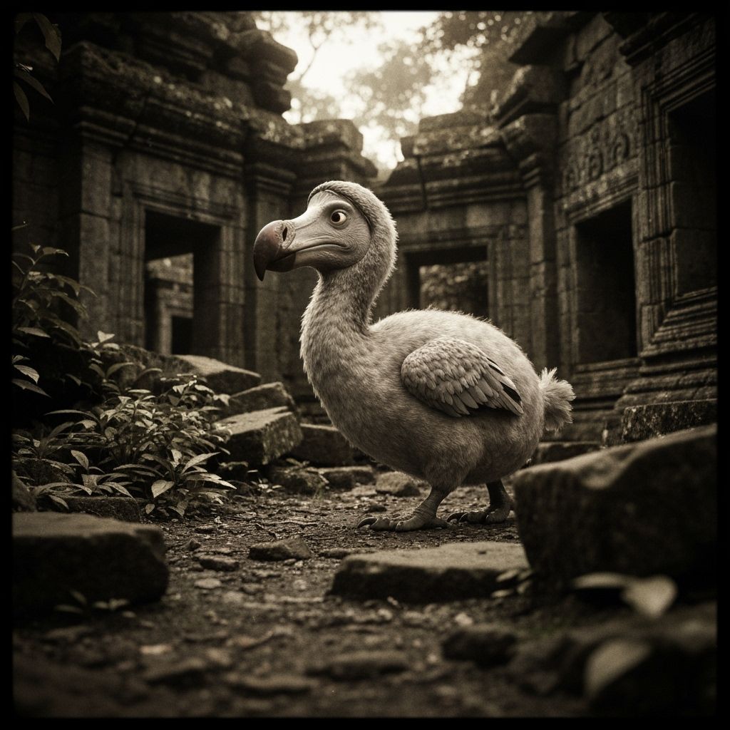 Melancholic Dodo Bird in Sepia Tone Jungle Ruins