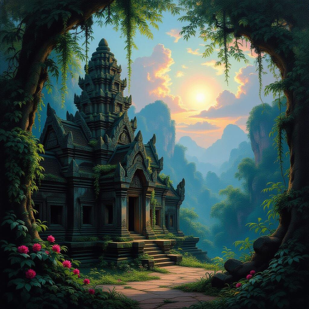 Ancient Thai Temple in Nebula Glow, Lush Jungle Oil Painting