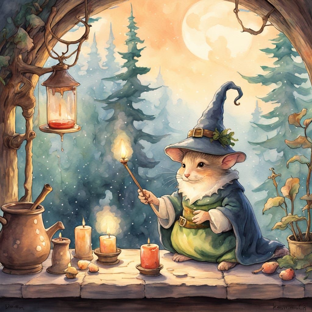 Elf Witch Brewing Potion in Watercolor Style
