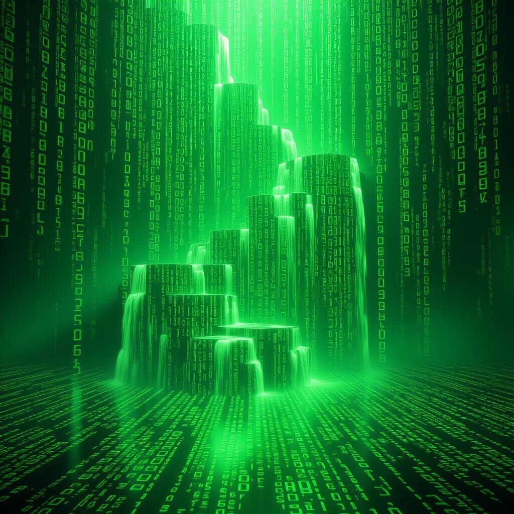 Digital Glitch Art Waterfall of Currency Symbols