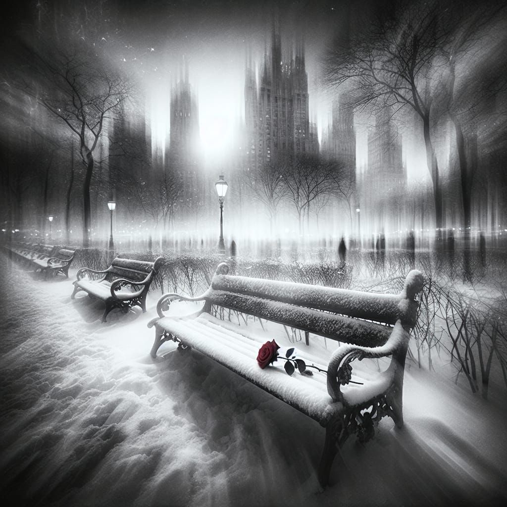 Monochrome Park Bench with Rose: A Dreamlike Scene