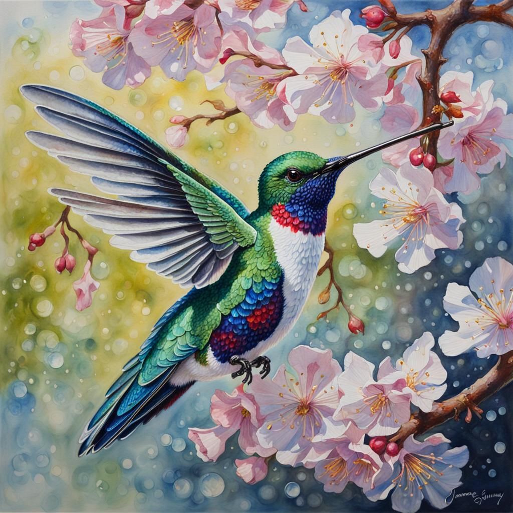 Watercolor Glass Hummingbird with Cherry Blossom Tree