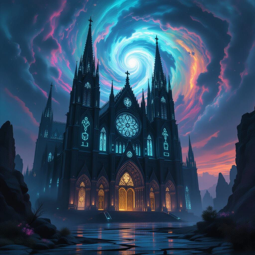 Alien Gothic Cathedral with Bioluminescent Flora