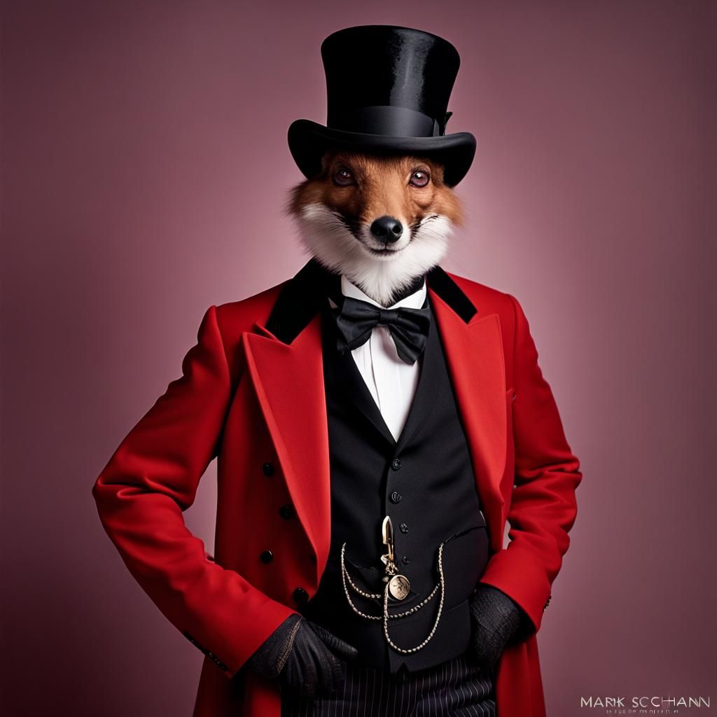 Fox Portrait in Red Coat and Top Hat