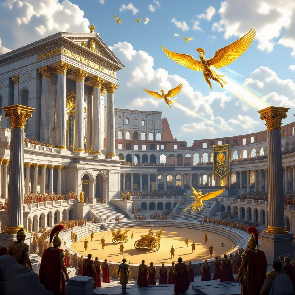Futuristic Roman Empire Cityscape: Holographic Gladiators